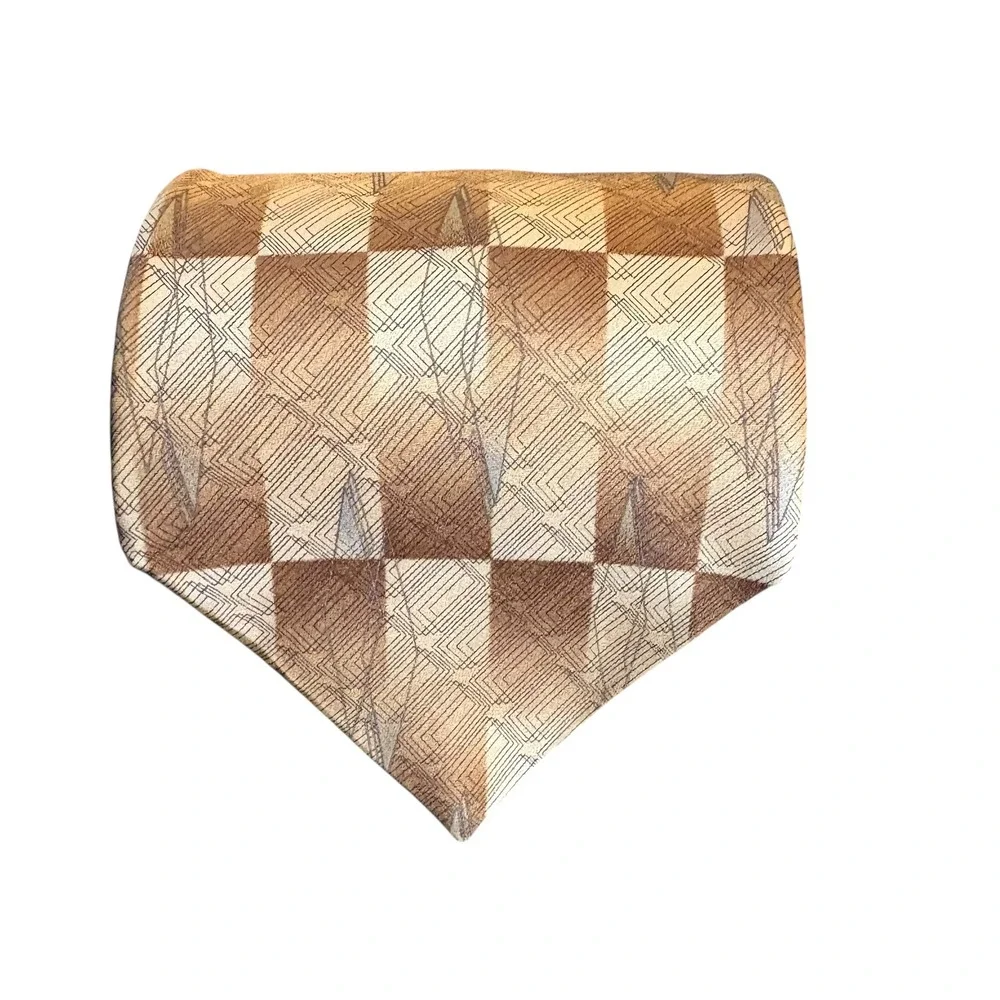 Haggar Black Label Silk Tie Geometric Brown Tan Checkerboard‎ Extra Long retro